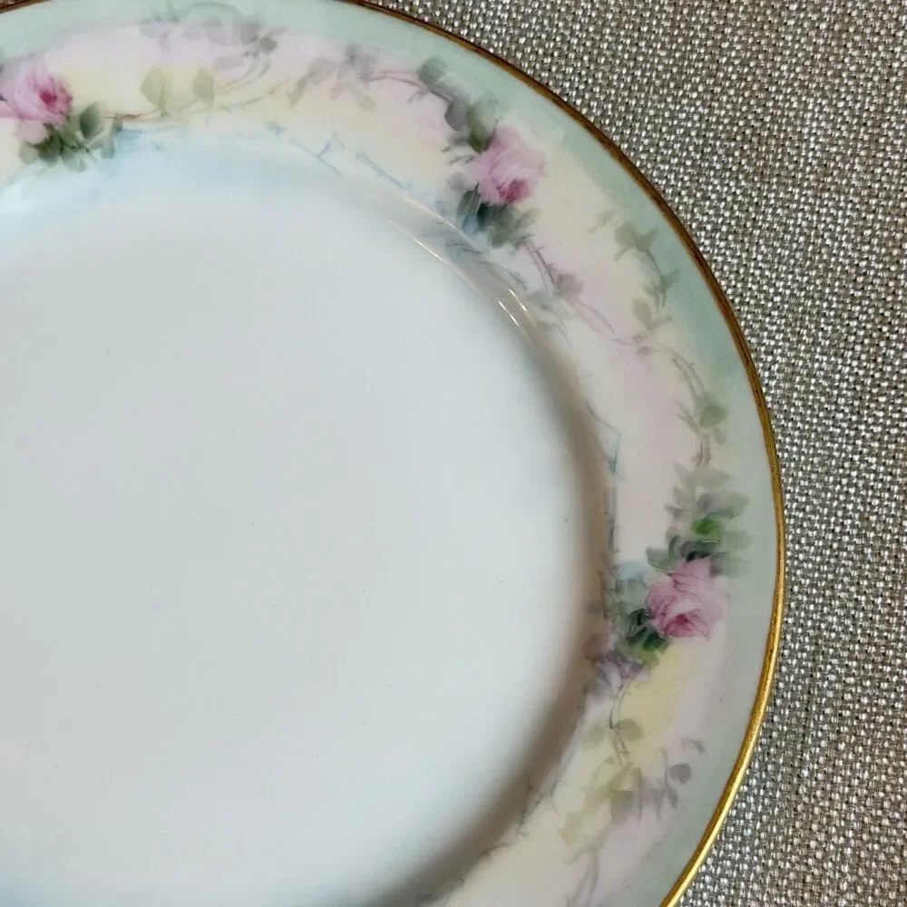Set Of 2 Antique Limoges France Hand Painted Pink Roses Floral Blue Gold 7 1/2”
